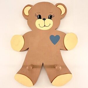 Vintage Teddy Bear Wall Hook Wooden Coat Rack Hand Painted Nursery Decor